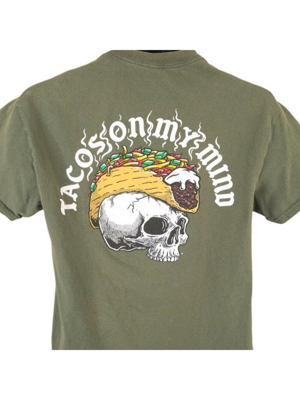 Tacos On My Mind T Shirt Mens Size Medium Green Skull Skeleton Mexican Food